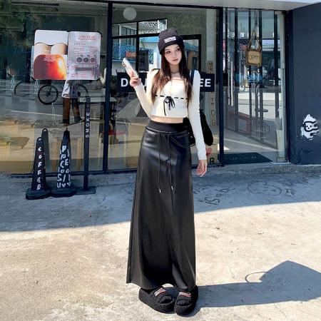 FA47241# 气质黑色开衩皮裙女秋冬新款高腰a字显瘦直筒高级感皮长裙  服裝批發女裝批發服飾貨源