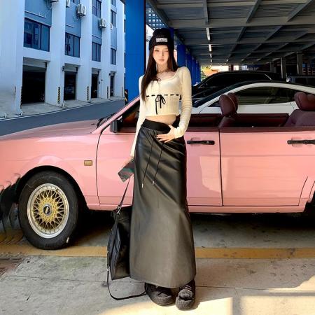 FA47241# 气质黑色开衩皮裙女秋冬新款高腰a字显瘦直筒高级感皮长裙  服裝批發女裝批發服飾貨源