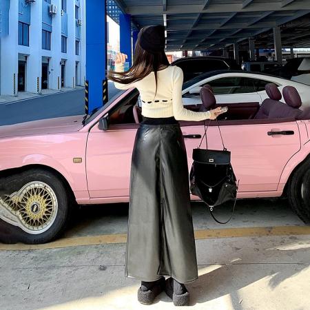 FA47241# 气质黑色开衩皮裙女秋冬新款高腰a字显瘦直筒高级感皮长裙  服裝批發女裝批發服飾貨源