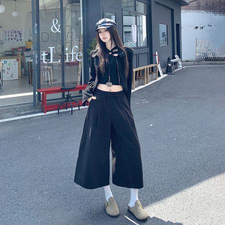 FA47242# 韩系黑色抓绒毛呢七分裤女秋冬新款百搭松紧腰休闲阔腿裤  服裝批發女裝批發服飾貨源