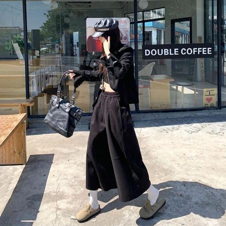 FA47242# 韩系黑色抓绒毛呢七分裤女秋冬新款百搭松紧腰休闲阔腿裤  服裝批發女裝批發服飾貨源