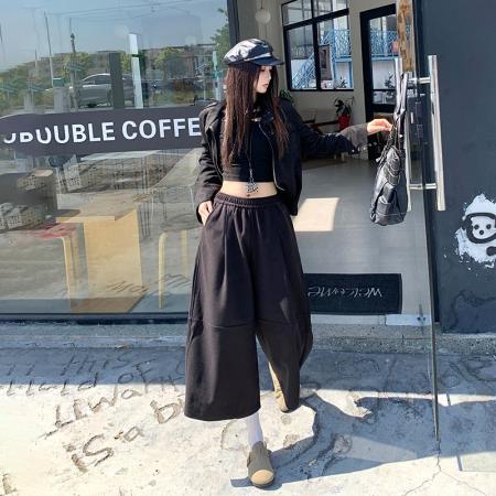 FA47242# 韩系黑色抓绒毛呢七分裤女秋冬新款百搭松紧腰休闲阔腿裤  服裝批發女裝批發服飾貨源