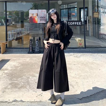 FA47242# 韩系黑色抓绒毛呢七分裤女秋冬新款百搭松紧腰休闲阔腿裤  服裝批發女裝批發服飾貨源