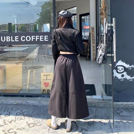 FA47242# 韩系黑色抓绒毛呢七分裤女秋冬新款百搭松紧腰休闲阔腿裤  服裝批發女裝批發服飾貨源