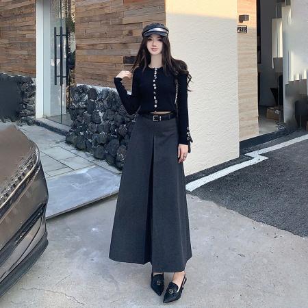 FA47243# 美式灰色气质毛呢半身裙女秋冬新款高腰显瘦高级感a字长裙  服裝批發女裝批發服飾貨源