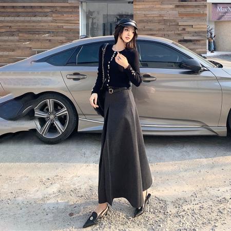 FA47243# 美式灰色气质毛呢半身裙女秋冬新款高腰显瘦高级感a字长裙  服裝批發女裝批發服飾貨源