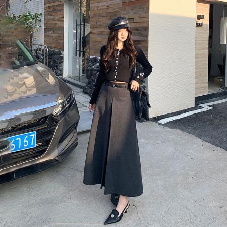 FA47243# 美式灰色气质毛呢半身裙女秋冬新款高腰显瘦高级感a字长裙  服裝批發女裝批發服飾貨源