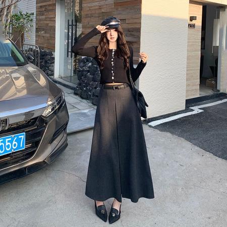 FA47243# 美式灰色气质毛呢半身裙女秋冬新款高腰显瘦高级感a字长裙  服裝批發女裝批發服飾貨源