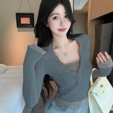 FA47248# 假两件Polo领针织衫秋冬气质纯欲v领上衣打底衫内搭麻花毛衣  服裝批發女裝批發服飾貨源