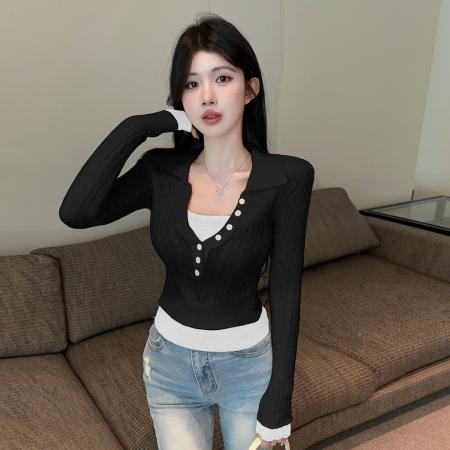 FA47248# 假两件Polo领针织衫秋冬气质纯欲v领上衣打底衫内搭麻花毛衣  服裝批發女裝批發服飾貨源