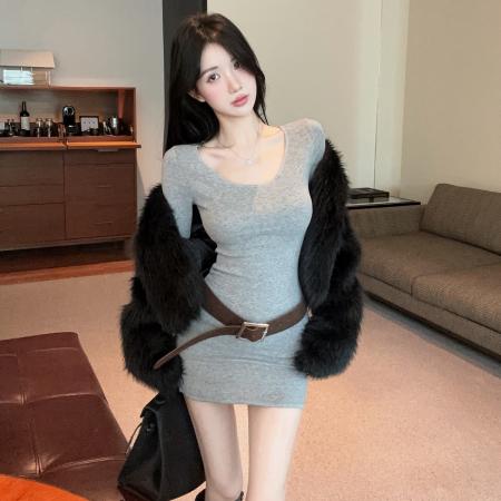 FA47249# 秋冬磨毛针织打底裙纯欲辣妹低圆领一字肩露锁骨包臀连衣裙  服裝批發女裝批發服飾貨源