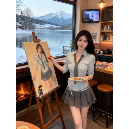 FA47252# 学院风穿搭套装蓝色刺绣polo领衬衫上衣女秋季百褶半身裙子两件套  服裝批發女裝批發服飾貨源