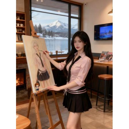 FA47252# 学院风穿搭套装蓝色刺绣polo领衬衫上衣女秋季百褶半身裙子两件套  服裝批發女裝批發服飾貨源