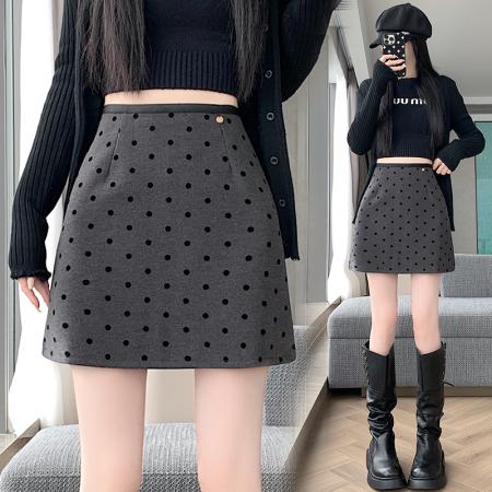 FA47253# 秋冬新款时尚百搭高腰A字波点毛呢裙修身显瘦  服裝批發女裝批發服飾貨源