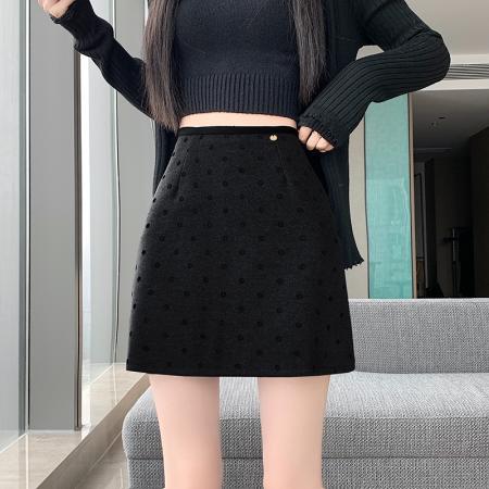 FA47253# 秋冬新款时尚百搭高腰A字波点毛呢裙修身显瘦  服裝批發女裝批發服飾貨源