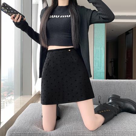 FA47253# 秋冬新款时尚百搭高腰A字波点毛呢裙修身显瘦  服裝批發女裝批發服飾貨源