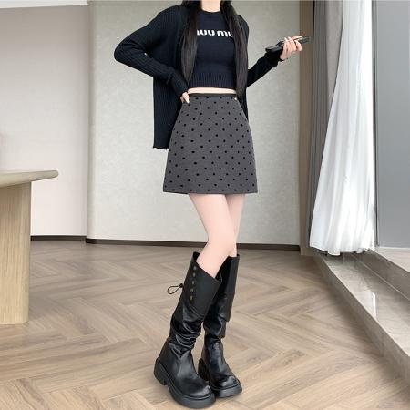 FA47253# 秋冬新款时尚百搭高腰A字波点毛呢裙修身显瘦  服裝批發女裝批發服飾貨源