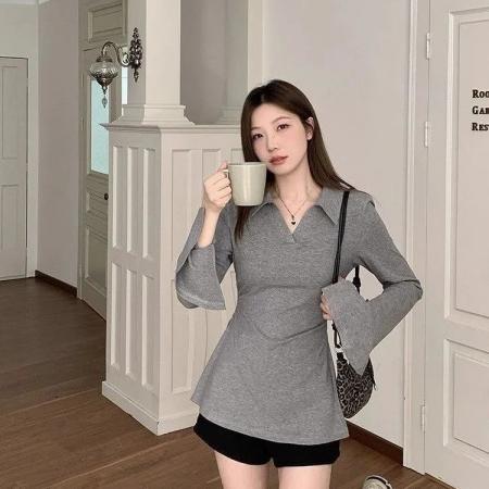 FA47257# v领设计感喇叭袖长袖收腰翻领上衣300斤大码女装秋季新款遮肚显瘦  服裝批發女裝批發服飾貨源