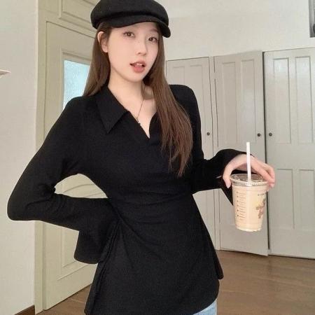 FA47257# v领设计感喇叭袖长袖收腰翻领上衣300斤大码女装秋季新款遮肚显瘦  服裝批發女裝批發服飾貨源