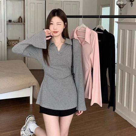 FA47257# v领设计感喇叭袖长袖收腰翻领上衣300斤大码女装秋季新款遮肚显瘦  服裝批發女裝批發服飾貨源