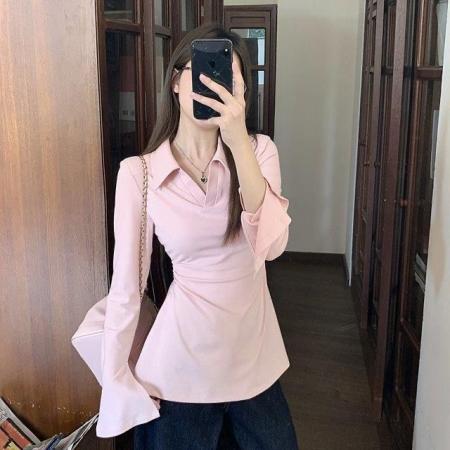 FA47257# v领设计感喇叭袖长袖收腰翻领上衣300斤大码女装秋季新款遮肚显瘦  服裝批發女裝批發服飾貨源