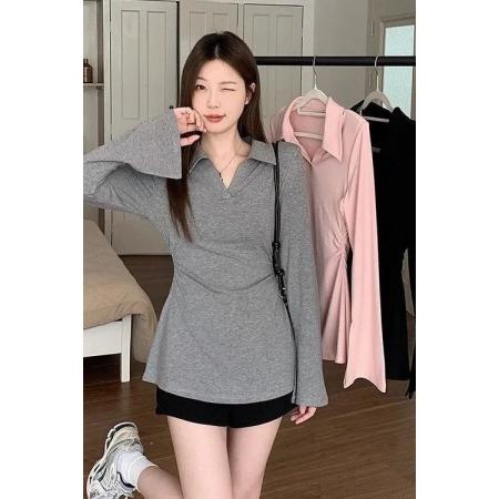 FA47257# v领设计感喇叭袖长袖收腰翻领上衣300斤大码女装秋季新款遮肚显瘦  服裝批發女裝批發服飾貨源