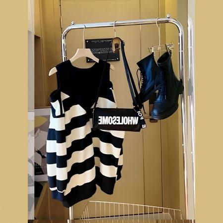 FA47259# 胖mm特大码300斤春秋款假两件上衣中长款遮屁股条纹露肩卫衣裙女  服裝批發女裝批發服飾貨源