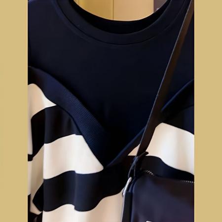 FA47259# 胖mm特大码300斤春秋款假两件上衣中长款遮屁股条纹露肩卫衣裙女  服裝批發女裝批發服飾貨源