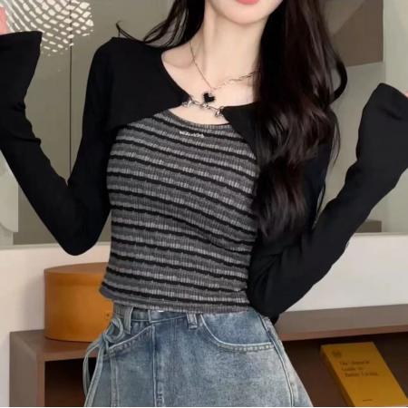 FA47263# 非不减美式两件套长袖女秋季甜辣短款收腰条纹背心坎肩上衣  服裝批發女裝批發服飾貨源