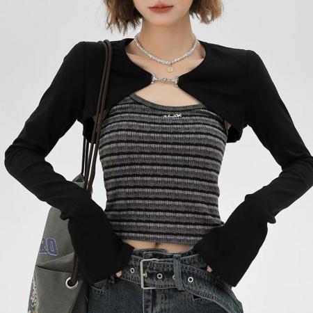 FA47263# 非不减美式两件套长袖女秋季甜辣短款收腰条纹背心坎肩上衣  服裝批發女裝批發服飾貨源