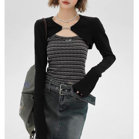 FA47263# 非不减美式两件套长袖女秋季甜辣短款收腰条纹背心坎肩上衣  服裝批發女裝批發服飾貨源