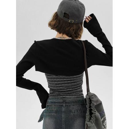 FA47263# 非不减美式两件套长袖女秋季甜辣短款收腰条纹背心坎肩上衣  服裝批發女裝批發服飾貨源