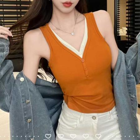 FA47268# V领撞色修身背心女假两件磨毛吊带辣妹修身短款上衣潮  服裝批發女裝批發服飾貨源