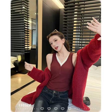 FA47268# V领撞色修身背心女假两件磨毛吊带辣妹修身短款上衣潮  服裝批發女裝批發服飾貨源