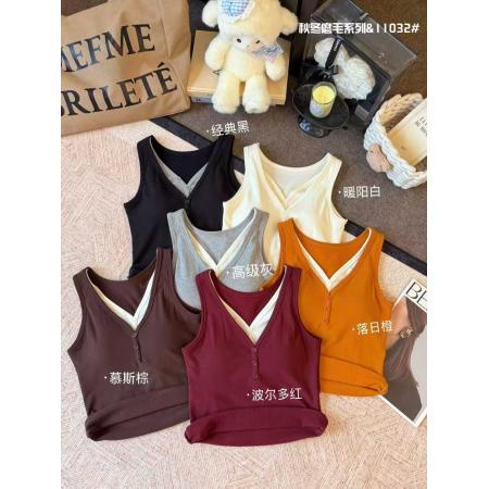 FA47268# V领撞色修身背心女假两件磨毛吊带辣妹修身短款上衣潮  服裝批發女裝批發服飾貨源