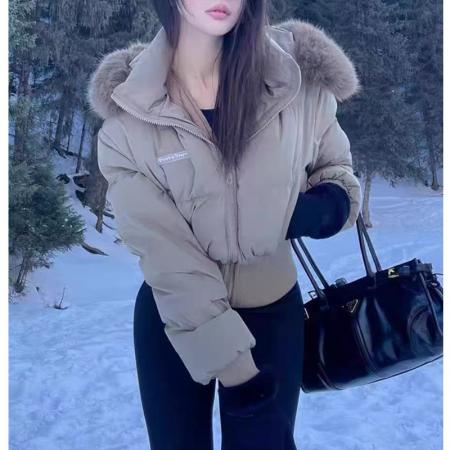 FA47269# 冬季毛领连帽面包服收腰加厚保暖短款羽绒棉服外套  服裝批發女裝批發服飾貨源