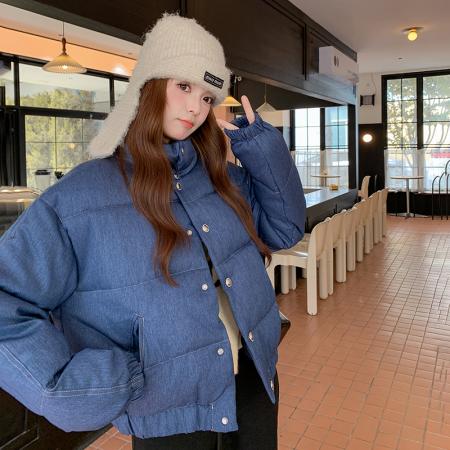 FA47271# Jennie同款蓝色牛仔女冬季短款棉服宽松面包服立领棉衣外套  服裝批發女裝批發服飾貨源