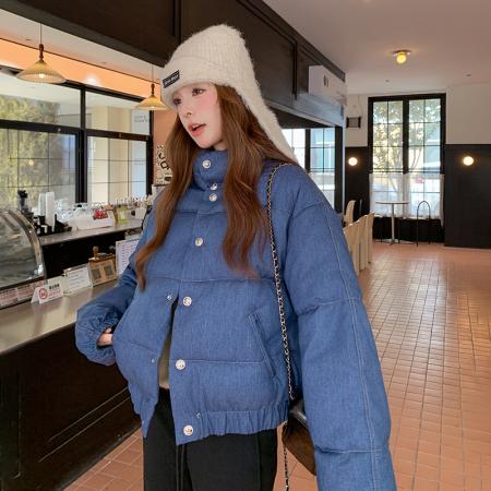FA47271# Jennie同款蓝色牛仔女冬季短款棉服宽松面包服立领棉衣外套  服裝批發女裝批發服飾貨源