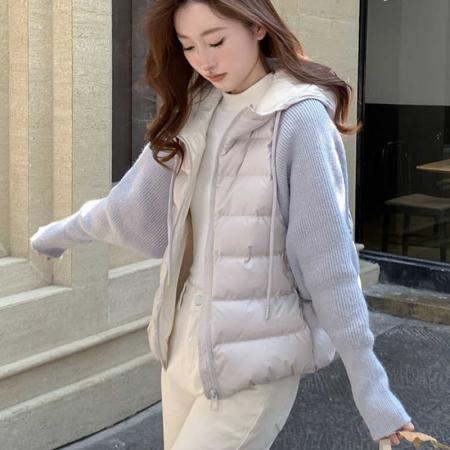 FA47272# 冬季新款短款时尚保暖针织拼接连帽宽松外套  服裝批發女裝批發服飾貨源