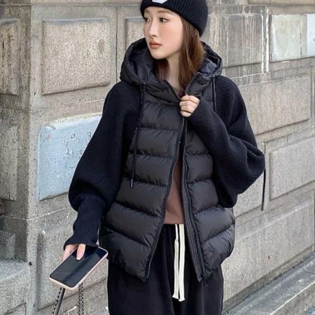 FA47272# 冬季新款短款时尚保暖针织拼接连帽宽松外套  服裝批發女裝批發服飾貨源