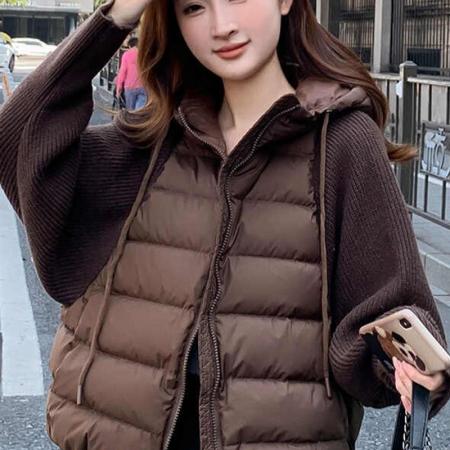 FA47272# 冬季新款短款时尚保暖针织拼接连帽宽松外套  服裝批發女裝批發服飾貨源