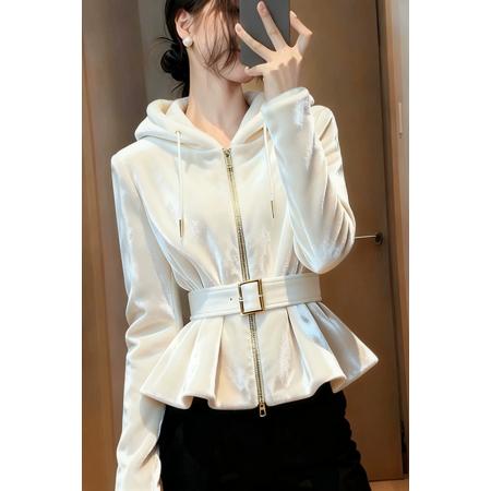FA47276# 白色连帽丝绒外套女新款秋冬独特漂亮气质高端收腰上衣  服裝批發女裝批發服飾貨源