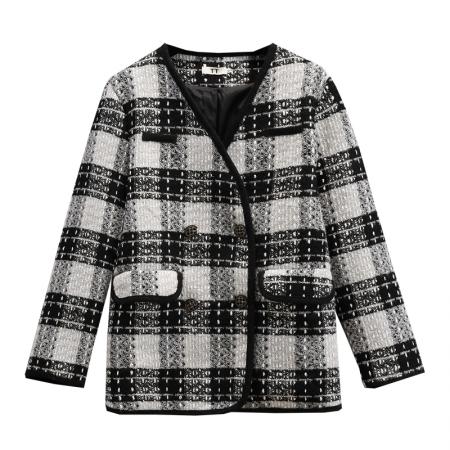 FA47279# 秋冬感超好看设计感短款粗花呢格子外套小香风  服裝批發女裝批發服飾貨源