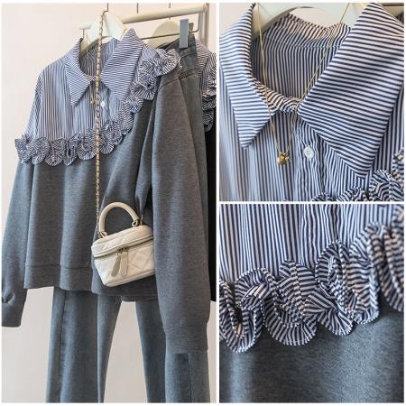 FA47280# 胖mm假两件条纹拼接卫衣秋冬韩版洋气时尚慵懒百搭上衣女  服裝批發女裝批發服飾貨源