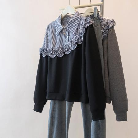 FA47280# 胖mm假两件条纹拼接卫衣秋冬韩版洋气时尚慵懒百搭上衣女  服裝批發女裝批發服飾貨源