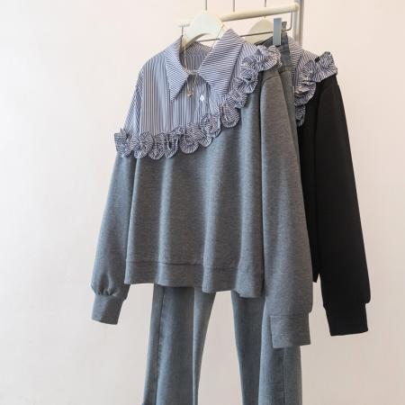 FA47280# 胖mm假两件条纹拼接卫衣秋冬韩版洋气时尚慵懒百搭上衣女  服裝批發女裝批發服飾貨源