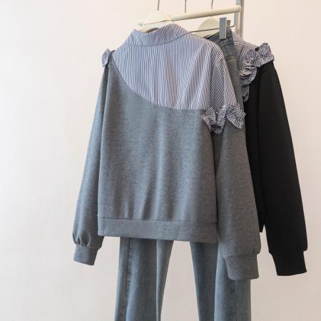 FA47280# 胖mm假两件条纹拼接卫衣秋冬韩版洋气时尚慵懒百搭上衣女  服裝批發女裝批發服飾貨源