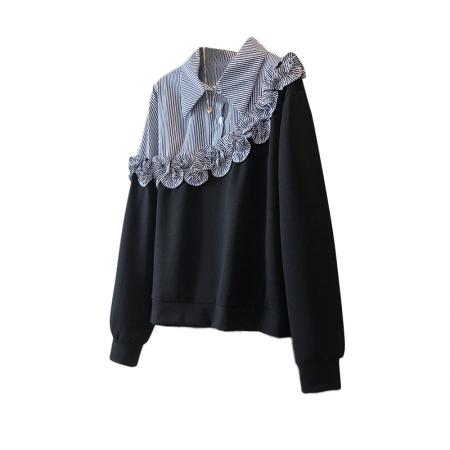 FA47280# 胖mm假两件条纹拼接卫衣秋冬韩版洋气时尚慵懒百搭上衣女  服裝批發女裝批發服飾貨源