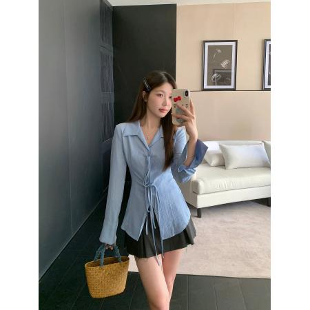 FA47281# 大码胖MM秋季新款气质纯欲甜辣系带收腰显瘦衬衫百搭上衣  服裝批發女裝批發服飾貨源