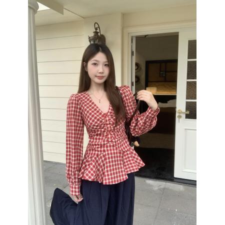 FA47284# 大码胖MM秋季新款法式复古格子V领长袖衬衣褶皱收腰显瘦上衣  服裝批發女裝批發服飾貨源